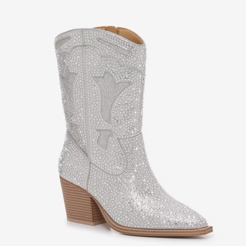 Crown Vintage Starry Cowboy Boot Silver Rhinestone Size 7